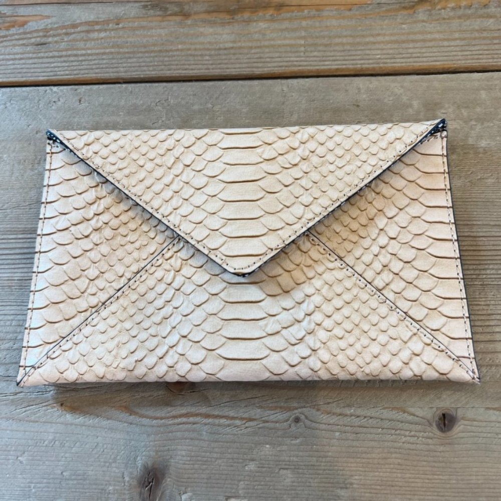 Loeffler Randell Neutral Leather Crocodile Embossed  Envelope Clutch NWOT